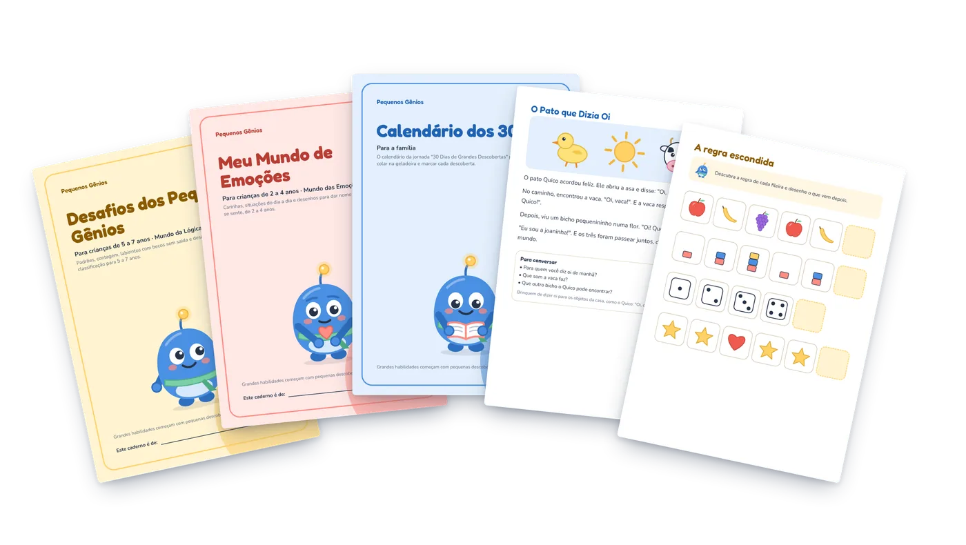 Páginas dos cadernos em PDF: Desafios dos Pequenos Gênios, Meu Mundo de Emoções, Calendário dos 30 Dias, uma história ilustrada e A Regra Escondida